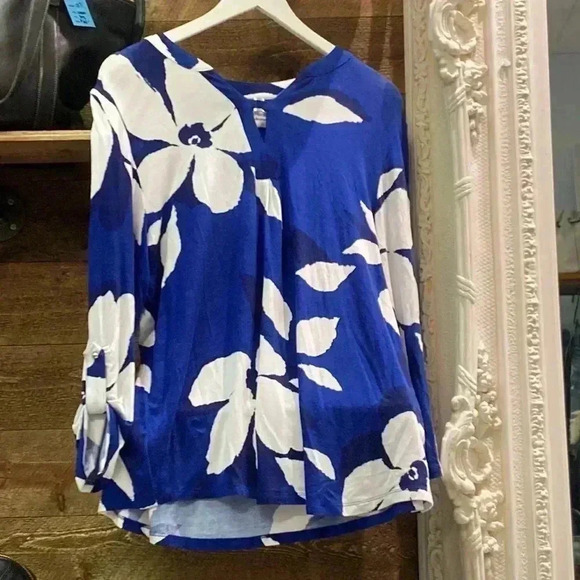 Alfred Dunner Catalina Island Exploded Flower Print Tunic Top Cobalt - Picture 2 of 4